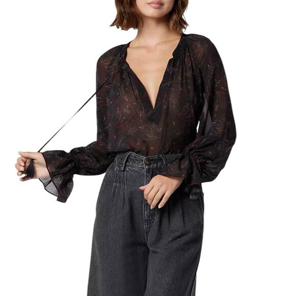 JOIE Cecarina Long Sleeve V-neck Tassel Silk Top caviar multi-Size‎ M - Picture 1 of 6